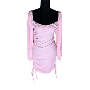 Women Long Puff Sleeve Low Cut Neck Ruched Backless Bodycon Mini Dress